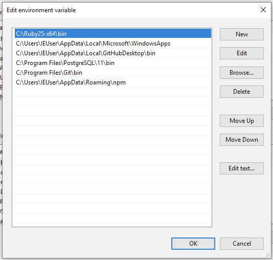 Edit environment variable window