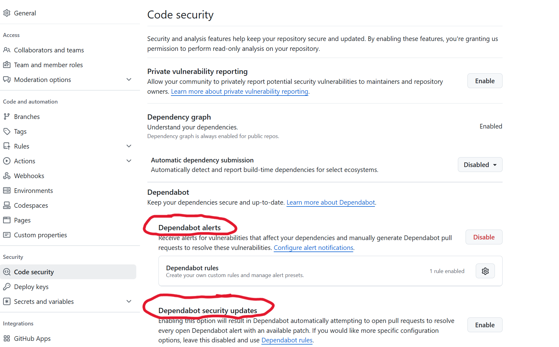 Dependabot - Enabling settings