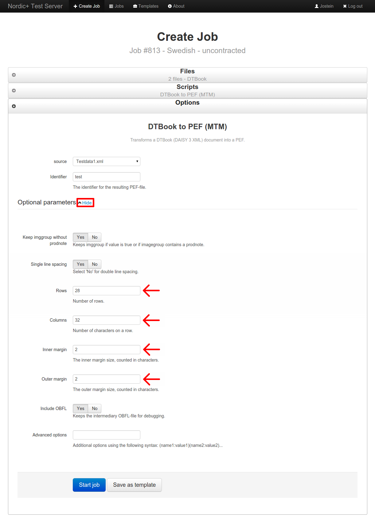 screenshot of optional parameters form for the DTBook to PEF (MTM) script