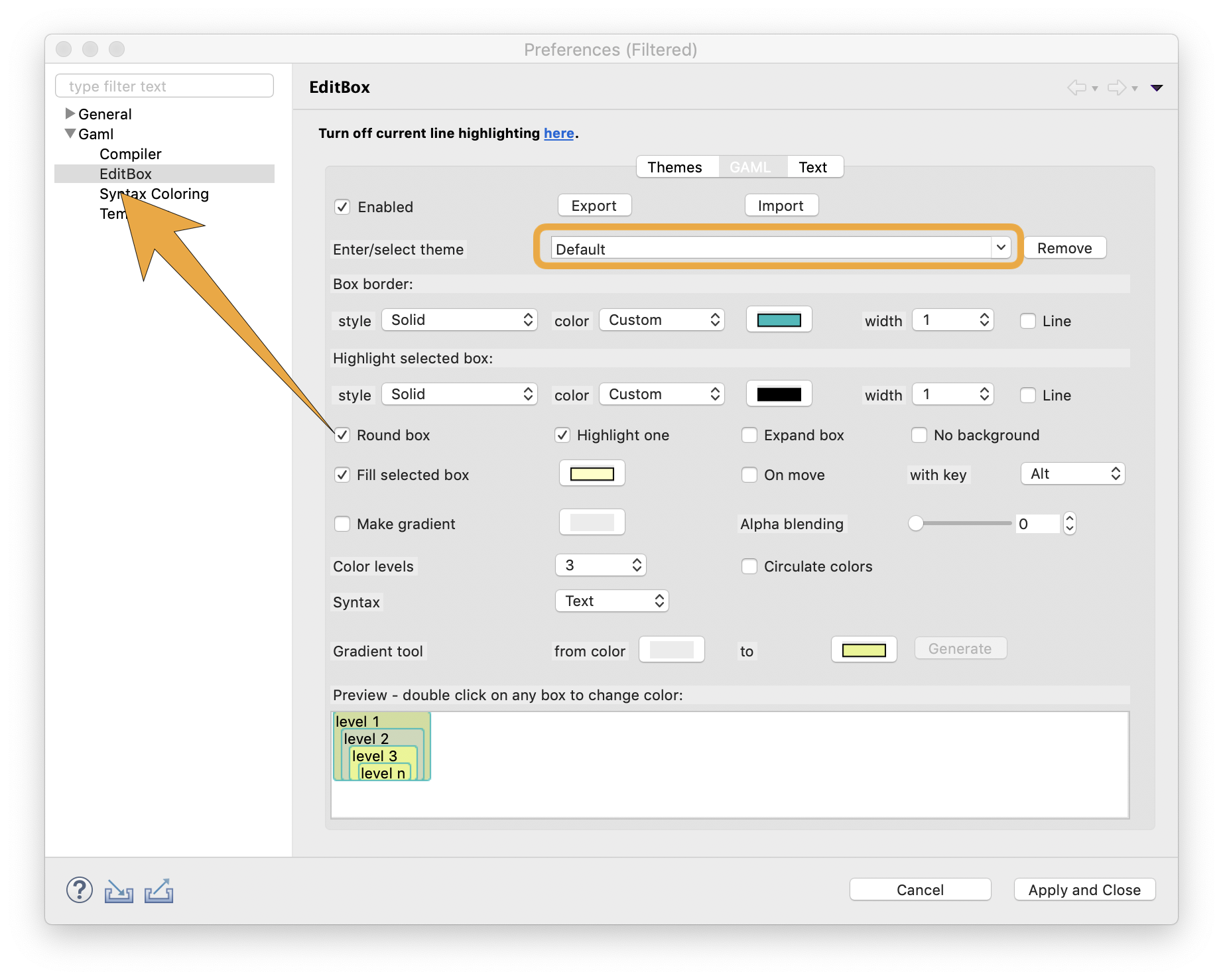 Preferences of the EditBox, the plugin for the code section colorization.