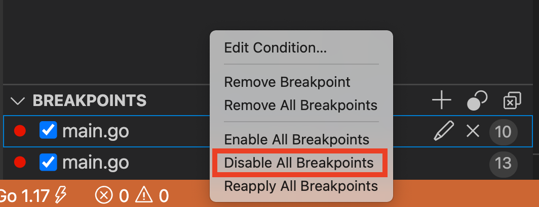 Disable breakpoints from
the Breakpoints context menu