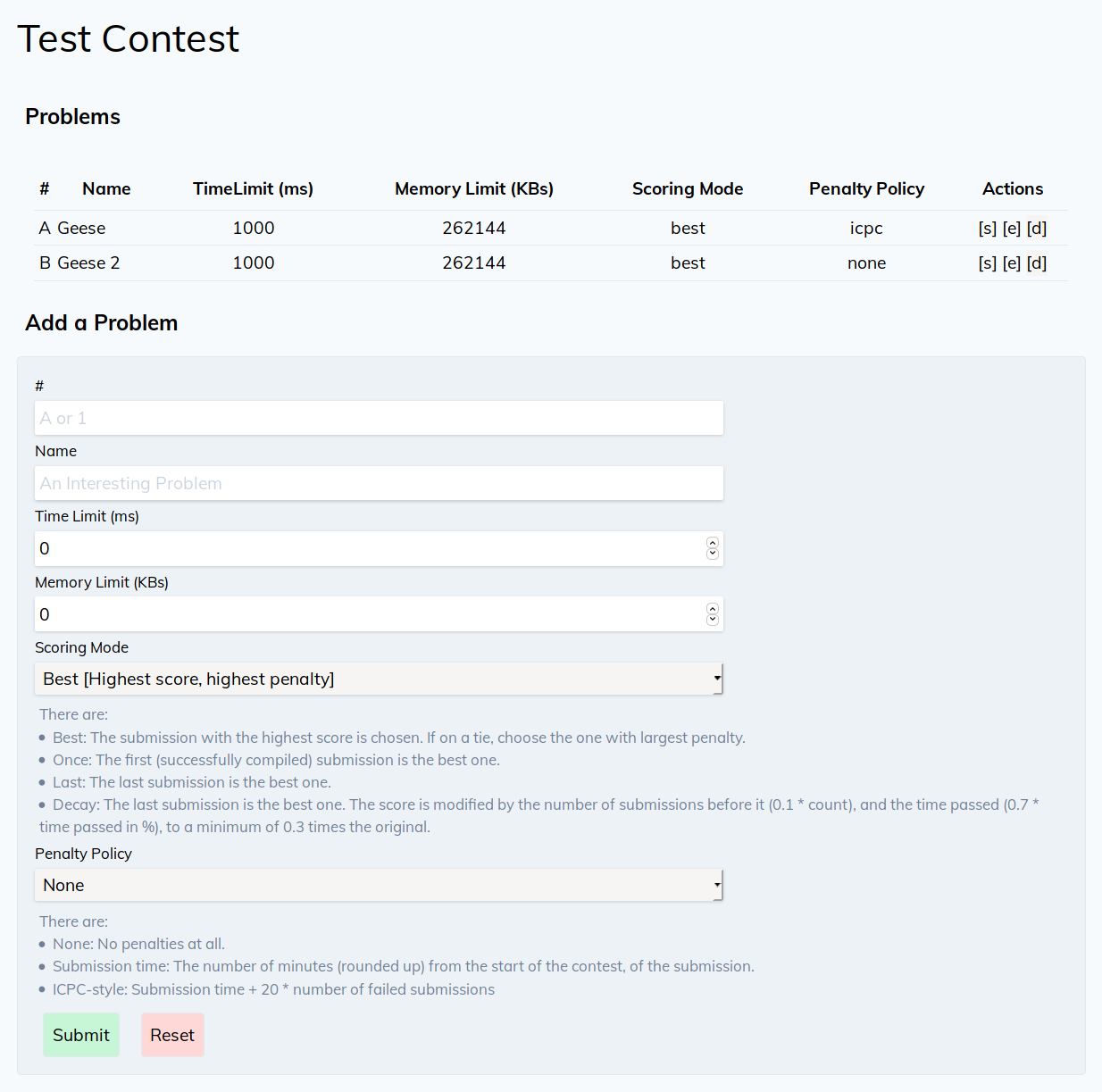 Admin Panel - contest page