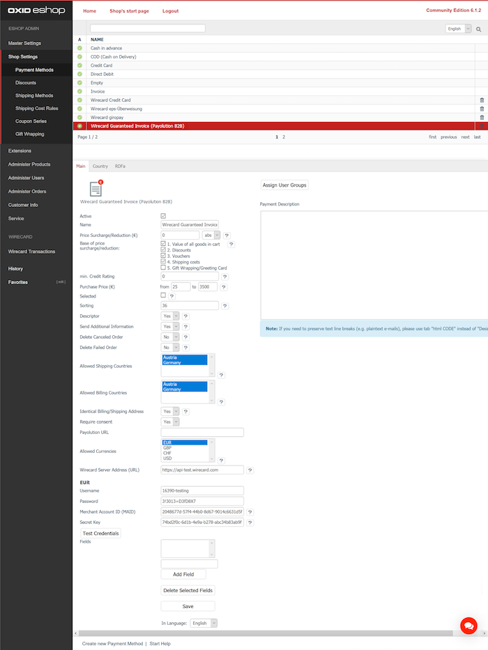 Wirecard Guaranteed Invoice (Payolution B2B) Configuration