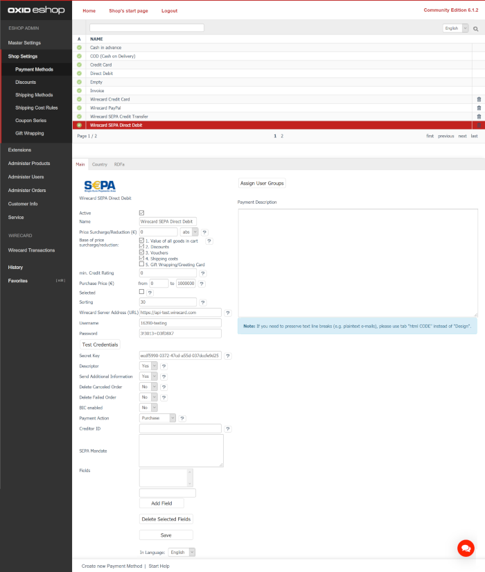 SEPA Direct Debit Configuration