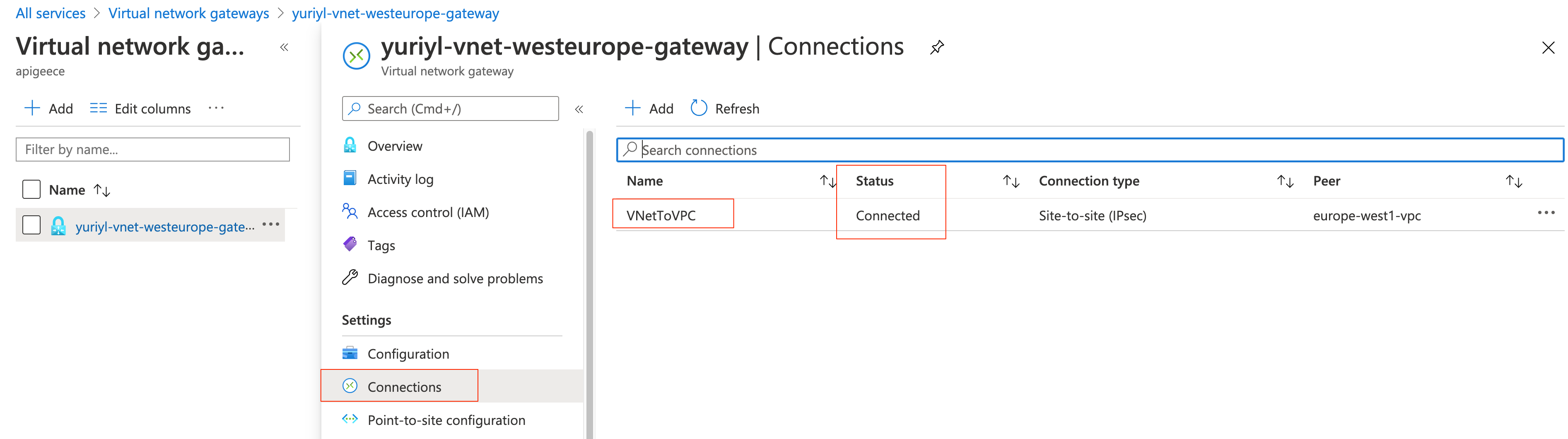 Az VNET Gateway Connection Status